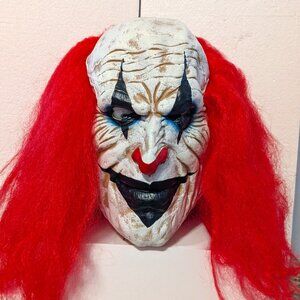 Creepy Scary Wrinkled Evil Clown Red Hair Full Facial Latex Mask
